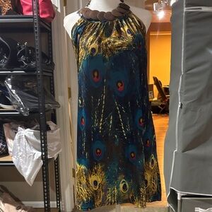 NWOT  sz OS  Peacock Print Halter Dress w/wooden necklace attached for neckline